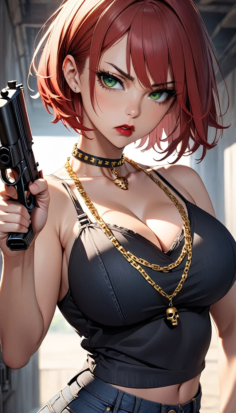 beautiful woman, ((caucasian skin)), red hair, short hair, threatening look, serious, ((pointing gun to camera)), red lipstick, black bra, jeans, green eyes, slender body, gold neck chain with skull, busty, posing sideways