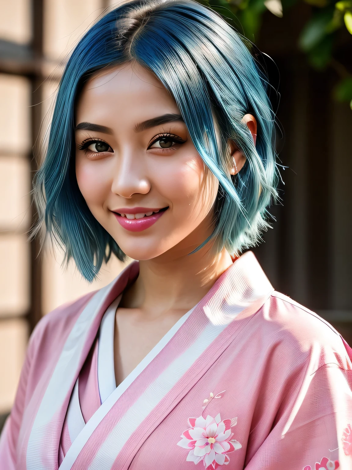 (blue hair:1.4), short hair, realistic green eyes, cobalt hair, long bob hair, tousled hair, shoulder length hair, Full body, woman with white skin and Asian features, 24 year old, big breast. She has a small, elegant nose with a slight upward curve at the tip. Her lips are full and naturally pink, with a well-defined Cupid's bow. Her teeth are straight and white, enhancing her captivating smile. Her face has an oval shape with high cheekbones that add to her model-like appearance. highly detailed glowing eyes, specular light, extreme quality, crystal clear, cute face, detailed skin pores, oil Dark skin, brown, complex eye details, 8K, Best Quality, Face Focus, Soft light, A high resolution, (Photorealistic:1.4), Raw photo,Highlight the valley Japan girls, Cute, (pupils on, Light in the eyes), Detailed beautiful face, Cute smile,(Pink Kimono:1.3) , Kimono、cherry trees in japan, (full body photo:1.3), (short hair:1.2), (short hair:1.3), (short hair:1)