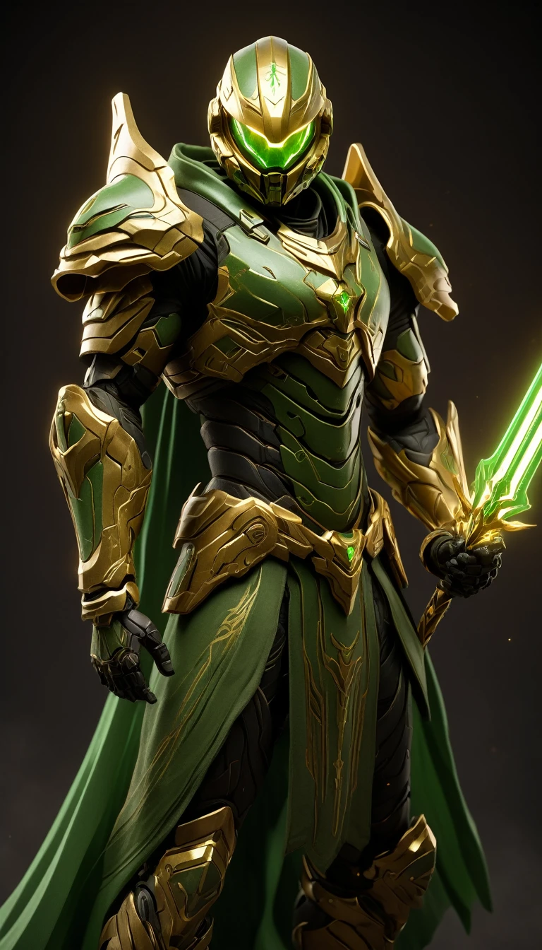Masterpieces, male, Holy Gold Knight, Action style shot, (Battle Priest in a warframe and halo style armor wielding a staff imbued with radiant green light, emanating potent green light magic.), (green and gold color scheme), (cross on chest), (white cape and hood), (action shot: holding staff), white and green tabard (solid gold color background), (green magic effects), centered, full body shot fighting, sci-fi knight, Halo master chief, vibrant colors, visible figure joints, cinematic shot, volumetric lighting, intricate pattern detail, highly detailed