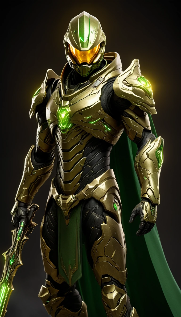 Masterpieces, male, Holy Gold Knight, Action style shot, (Battle Priest in a warframe and halo style armor wielding a staff imbued with radiant green light, emanating potent green light magic.), (green and gold color scheme), (cross on chest), (white cape and hood), (action shot: holding staff), white and green tabard (solid gold color background), (green magic effects), centered, full body shot fighting, sci-fi knight, Halo master chief, vibrant colors, visible figure joints, cinematic shot, volumetric lighting, intricate pattern detail, highly detailed