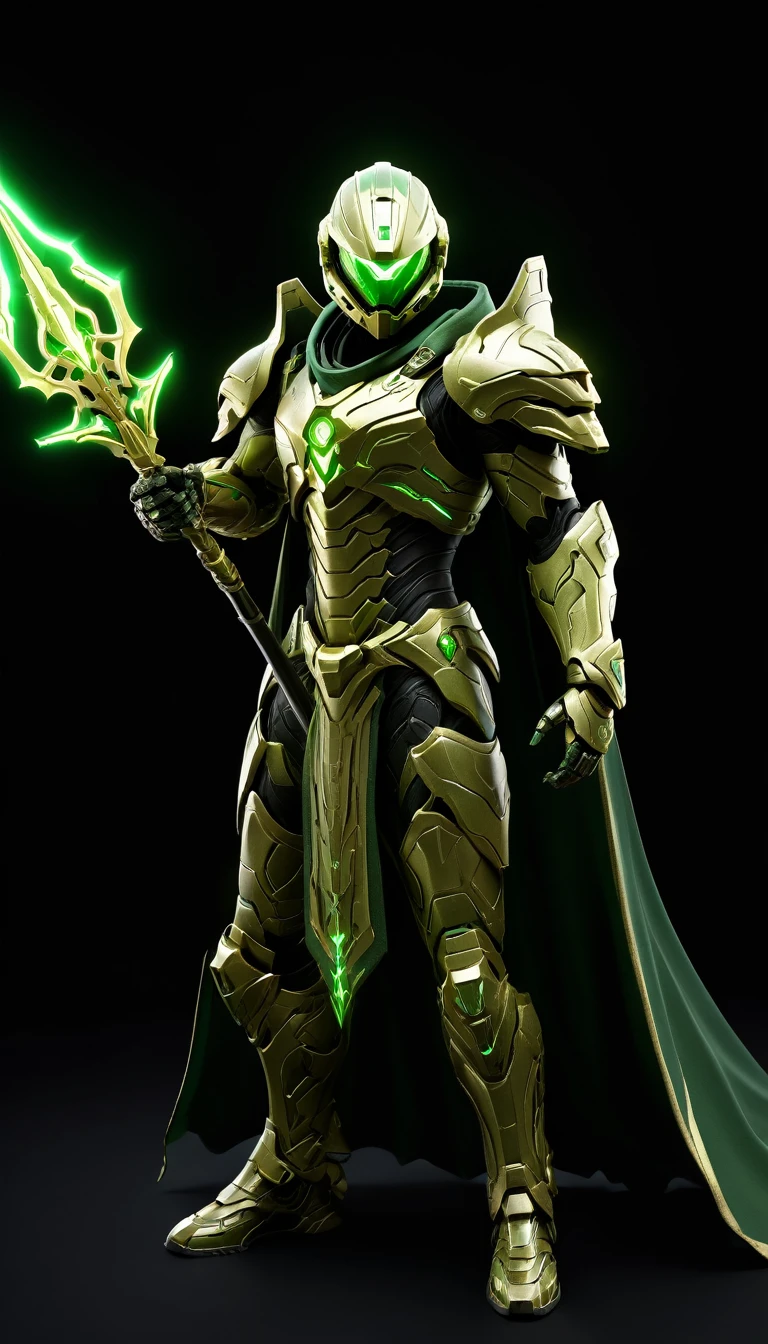 Masterpieces, male, Holy Gold Knight, Action style shot, (Battle Priest in a warframe and halo style armor wielding a staff imbued with radiant green light, emanating potent green light magic.), (green and gold color scheme), (cross on chest), (white cape and hood), (action shot: holding staff), white and green tabard (solid gold color background), (green magic effects), centered, full body shot fighting, sci-fi knight, Halo master chief, vibrant colors, visible figure joints, cinematic shot, volumetric lighting, intricate pattern detail, highly detailed