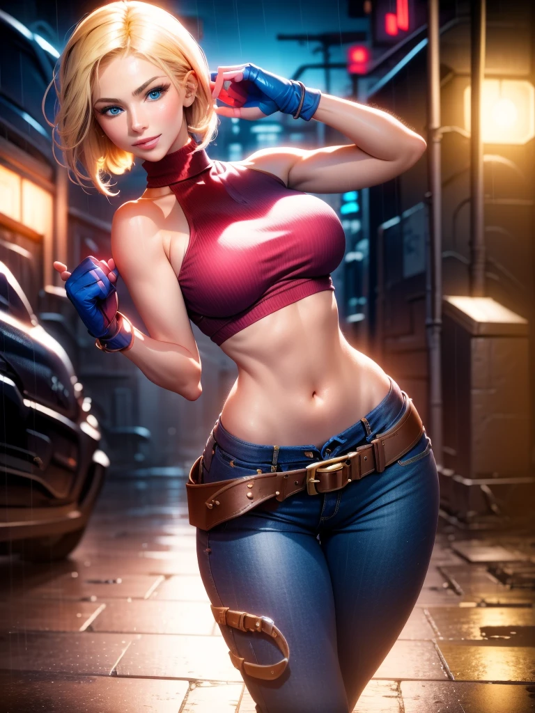 (at night), in a video game scene, a background of a beautiful city at night, raining, alone, standing at attention, red top, blue joggers, blue fingerless gloves, large brown belt hanging from her waist (( blonde hair)), 1 girl, alone, 20 years old, young woman, perfect hands, beautiful fingers, beautiful long legs, beautiful body, beautiful nose, beautiful character design, perfect face, looking at viewer with serious gesture (focusing on his face), closed mouth, Light_Smile, official art, extremely detailed CG unity 8k wallpaper, perfect lighting, bright and colorful front lighting, glowing skin (masterpiece: 1.0), (best_quality: 1.0), ultra high resolution, 4K, ultra detailed photography, 8K, HDR, high resolution, absurd:1.2, Kodak portra 400, film grain, blurred background, bokeh:1.2, lens flare, (vibrant_color:1.2), professional photography, (Beautiful, breasts: 1.4), (beautiful_face: 1.5), (narrow waist),