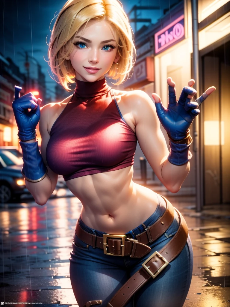 (at night), in a video game scene, a background of a beautiful city at night, raining, alone, standing at attention, red top, blue joggers, blue fingerless gloves, large brown belt hanging from her waist (( blonde hair)), 1 girl, alone, 20 years old, young woman, perfect hands, beautiful fingers, beautiful long legs, beautiful body, beautiful nose, beautiful character design, perfect face, looking at viewer with serious gesture (focusing on his face), closed mouth, Light_Smile, official art, extremely detailed CG unity 8k wallpaper, perfect lighting, bright and colorful front lighting, glowing skin (masterpiece: 1.0), (best_quality: 1.0), ultra high resolution, 4K, ultra detailed photography, 8K, HDR, high resolution, absurd:1.2, Kodak portra 400, film grain, blurred background, bokeh:1.2, lens flare, (vibrant_color:1.2), professional photography, (Beautiful, breasts: 1.4), (beautiful_face: 1.5), (narrow waist),
