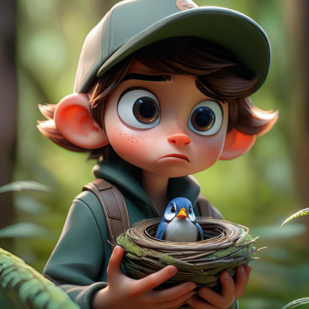Boy wearing cap, looking at forest curious, holding a nest WITHOUT a bird in your hands (Masterpiece artwork: 2.1) (realisitic: 1.2) (bokeh) (best qualityer) (skin detailed: 1.3) (details Intricate) (8k) (Detail eyes) (sharp focus) 2.1