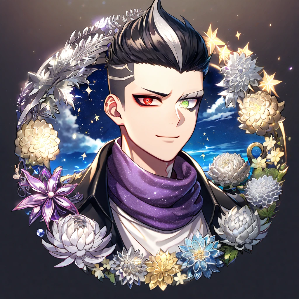 absurdres, highres, ultra detailed, HDR, master piece, best quality, extremely detailed, Tanaka Gundham, black hair, heterochromia, right eye red, left eye gray, Danganronpa, solo, y man, handsome, smile, sensual, purple scarf, black coat, white T-shirt, fantasy, water, sparkling, silver glittering fireflies, silver moon, silver blossoms, silver chrsilver sparkling lights, starry sky, magical