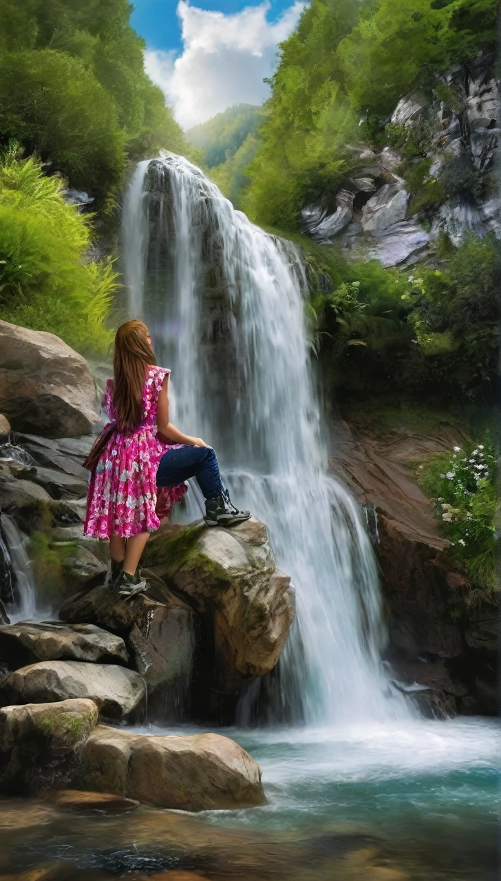 Mountain Waterfall. a girl's face in the form of a multi-level mountain waterfall. mountain streams flow down your face. Professional photography. spray. glare. Sun rays. Maximum detail. azure blue shades. soft lighting