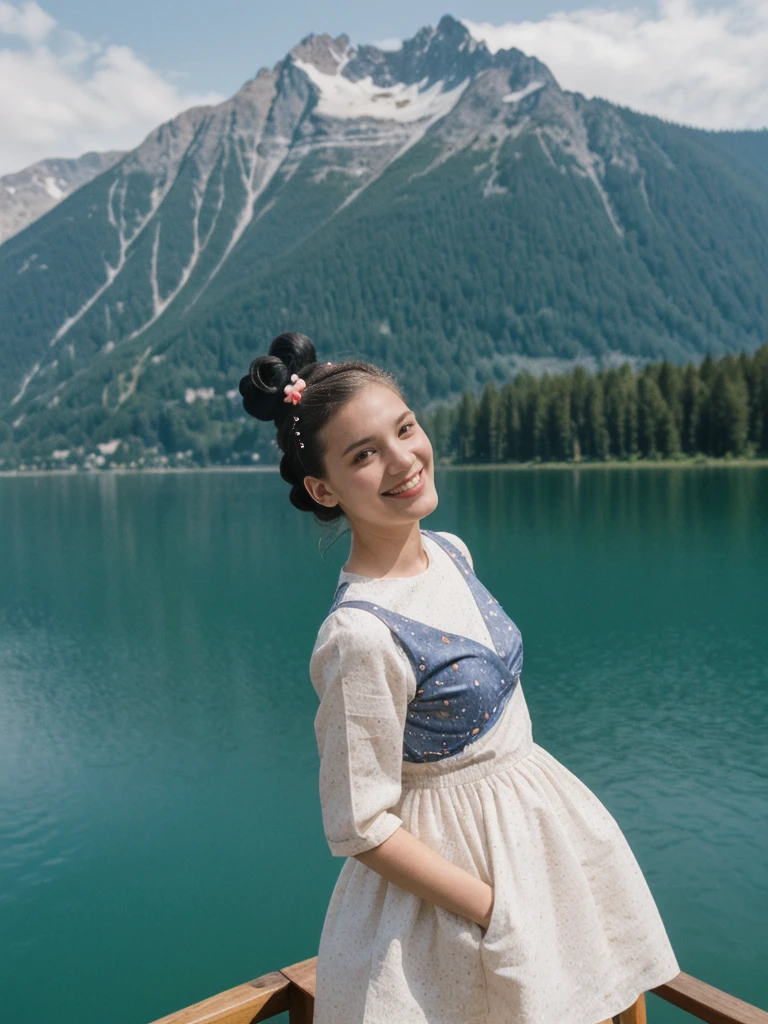 her name is Amelie, high quality, 1girl, ((25-year-old fit Caucasian woman)), ((25 years old)), ((BODY TYPE: HOURGLASS)), ((Space Buns HAIR)), SMILING, pose: STANDING, wearing IN DEMAND FANCY Generation-Z modern wear VARIETY colored, BACKGROUND:"Cruising on the serene lake surrounded by towering mountains and charming Swiss villages."