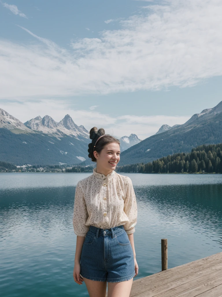 her name is Amelie, high quality, 1girl, ((25-year-old fit Caucasian woman)), ((25 years old)), ((BODY TYPE: HOURGLASS)), ((Space Buns HAIR)), SMILING, pose: STANDING, wearing IN DEMAND FANCY Generation-Z modern wear VARIETY colored, BACKGROUND:"Cruising on the serene lake surrounded by towering mountains and charming Swiss villages."