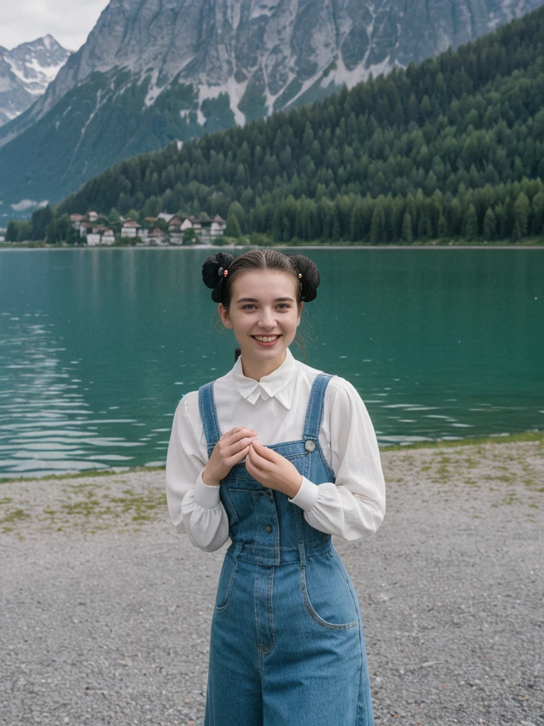 her name is Amelie, high quality, 1girl, ((25-year-old fit Caucasian woman)), ((25 years old)), ((BODY TYPE: HOURGLASS)), ((Space Buns HAIR)), SMILING, pose: STANDING, wearing IN DEMAND FANCY Generation-Z modern wear VARIETY colored, BACKGROUND:"Cruising on the serene lake surrounded by towering mountains and charming Swiss villages."