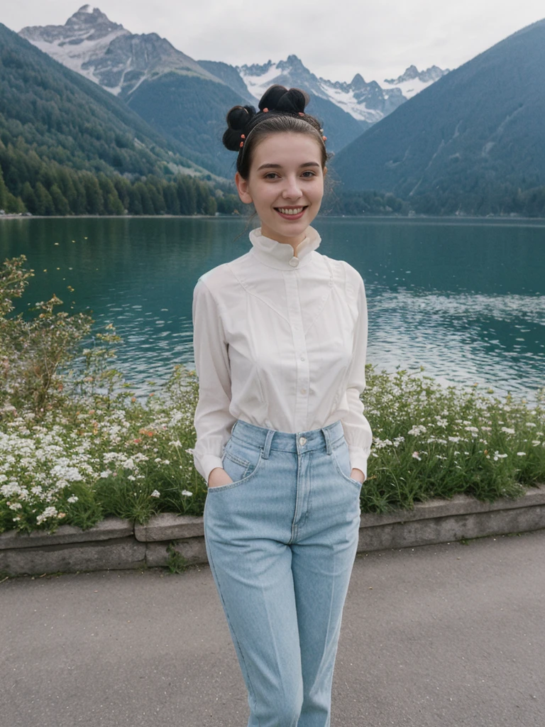 her name is Amelie, high quality, 1girl, ((25-year-old fit Caucasian woman)), ((25 years old)), ((BODY TYPE: HOURGLASS)), ((Space Buns HAIR)), SMILING, pose: STANDING, wearing IN DEMAND FANCY Generation-Z modern wear VARIETY colored, BACKGROUND:"Cruising on the serene lake surrounded by towering mountains and charming Swiss villages."