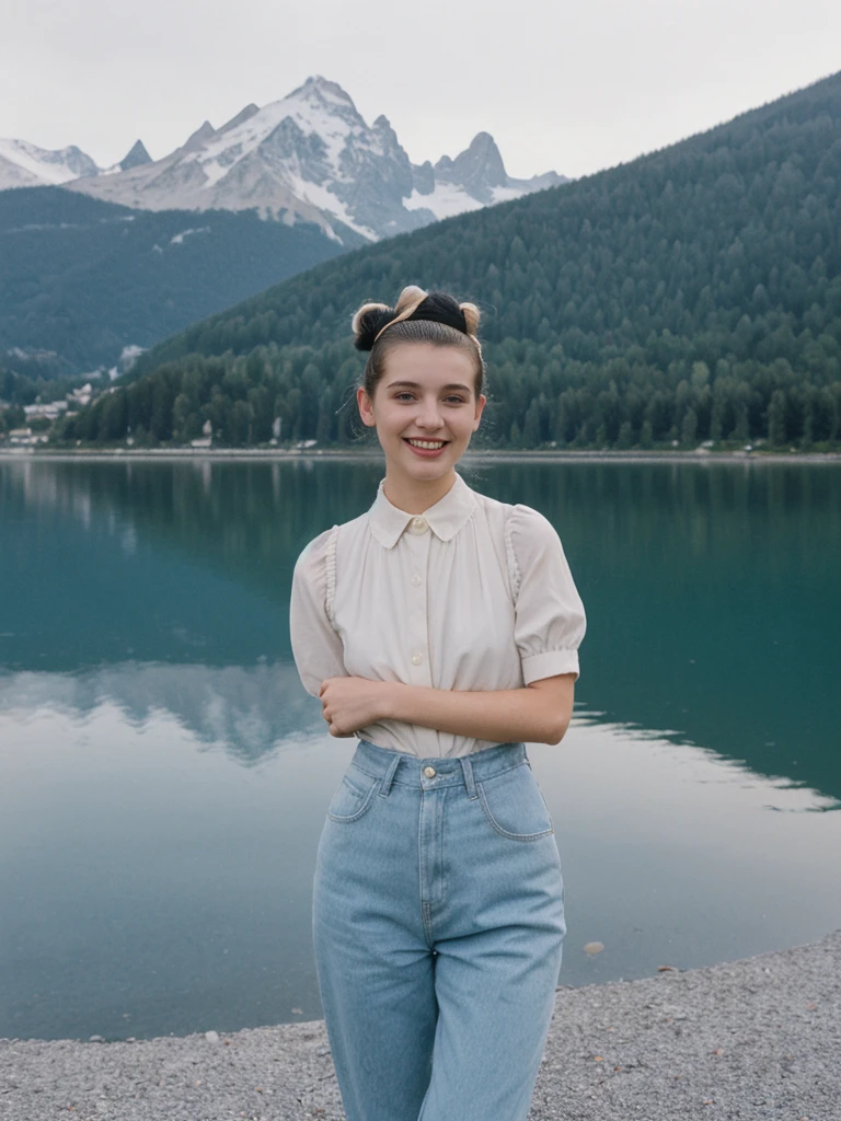 her name is Amelie, high quality, 1girl, ((25-year-old fit Caucasian woman)), ((25 years old)), ((BODY TYPE: HOURGLASS)), ((Space Buns HAIR)), SMILING, pose: STANDING, wearing IN DEMAND FANCY Generation-Z modern wear VARIETY colored, BACKGROUND:"Cruising on the serene lake surrounded by towering mountains and charming Swiss villages."