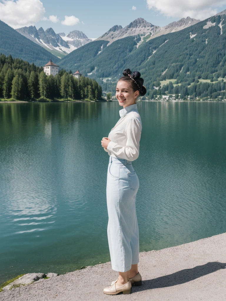 her name is Amelie, high quality, 1girl, ((25-year-old fit Caucasian woman)), ((25 years old)), ((BODY TYPE: HOURGLASS)), ((Space Buns HAIR)), SMILING, pose: STANDING, wearing IN DEMAND FANCY Generation-Z modern wear VARIETY colored, BACKGROUND:"Cruising on the serene lake surrounded by towering mountains and charming Swiss villages."