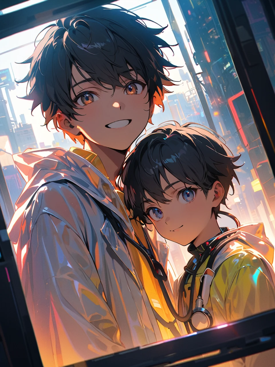 boy twins,12yo,They are doctors, short stature,oversized see-through raincoat,stethoscope,black hair,in cyberpunk metropolis,Two people facing each other through glass, nihilistic smile,intricate details, depth of field,beautiful lighting, volumetric lighting, dynamic angle, (photographic portrait), sharp,
