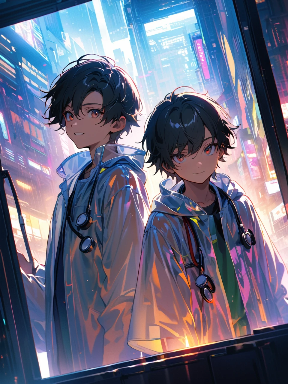 boy twins,,They are doctors, short stature,oversized see-through raincoat,stethoscope,black hair,in cyberpunk metropolis,Two people facing each other through glass, nihilistic smile,intricate details, depth of field,beautiful lighting, volumetric lighting, dynamic angle, (photographic portrait), sharp,