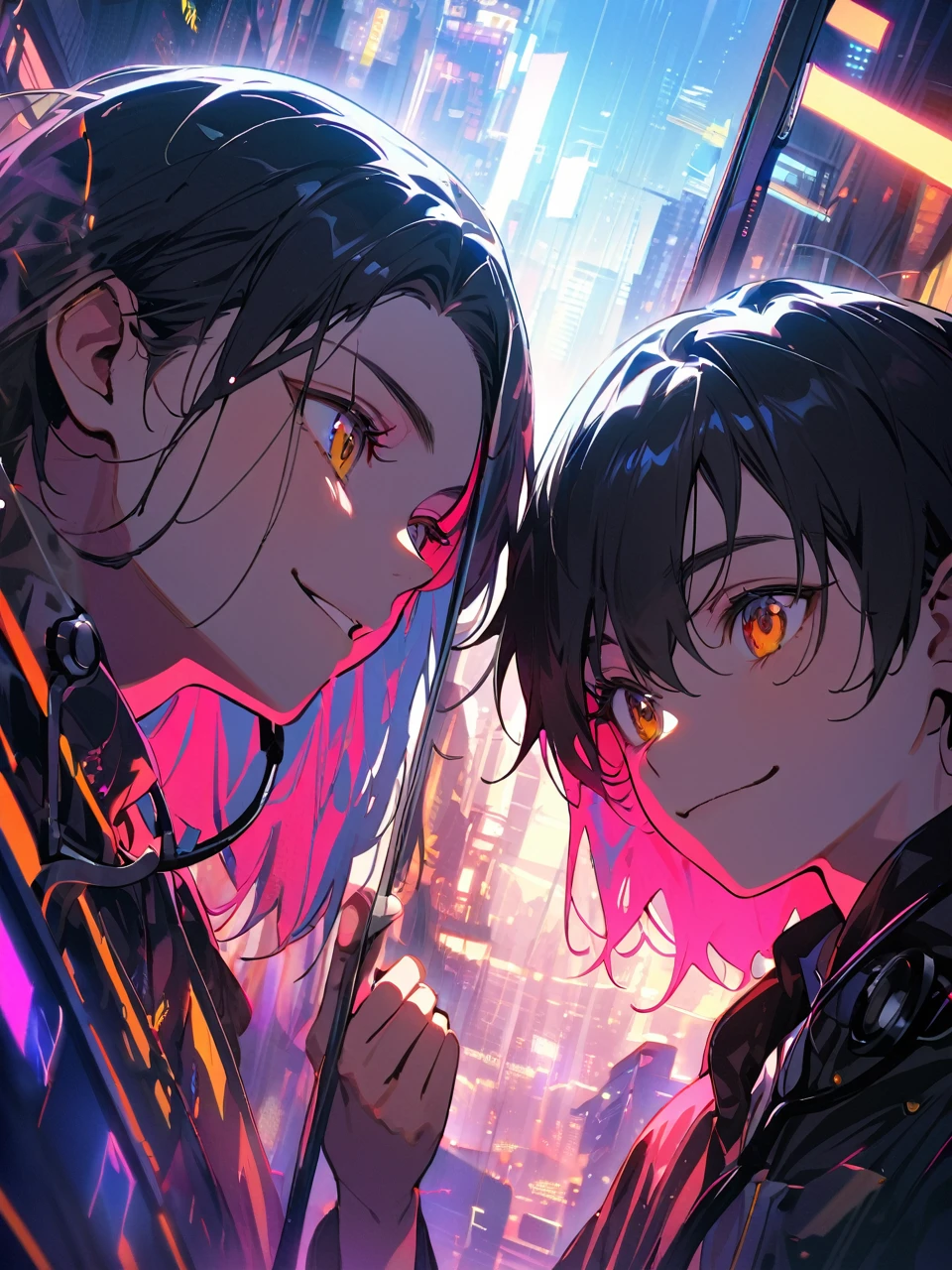 boy twins,12yo,They are doctors, short stature,oversized see-through raincoat,stethoscope,black hair,in cyberpunk metropolis,Two people facing each other through glass, nihilistic smile,intricate details, depth of field,beautiful lighting, volumetric lighting, dynamic angle, (photographic portrait), sharp,