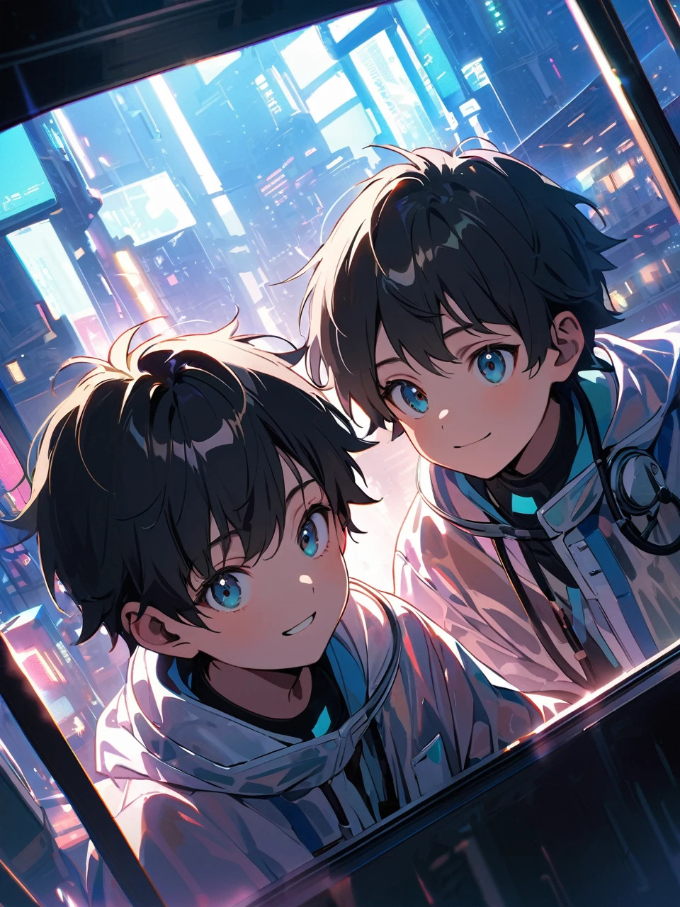 boy twins,12yo,They are doctors, short stature,oversized see-through raincoat,stethoscope,black hair,in cyberpunk metropolis,Two people facing each other through glass, nihilistic smile,intricate details, depth of field,beautiful lighting, volumetric lighting, dynamic angle, (photographic portrait), sharp,