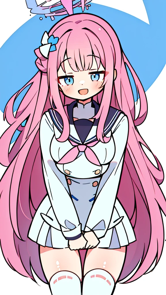 A woman with brown hair, bikini, girl, sailor uniform , wearing a pink and white sailor suit, blue eyes, racing girl, Du Qiong, smile, gentle, covering one eye, light blue eyes, hairpin, halodon't have excessive composition problems, masterpiece, perfect composition, fine characterization black stockings