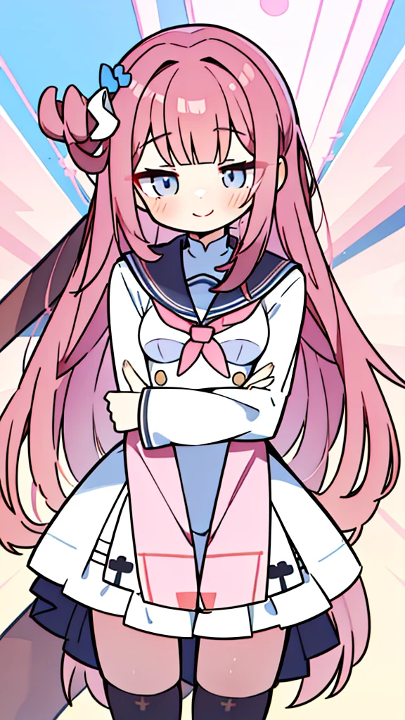 A woman with brown hair, bikini, girl, sailor uniform , wearing a pink and white sailor suit, blue eyes, racing girl, Du Qiong, smile, gentle, covering one eye, light blue eyes, hairpin, halodon't have excessive composition problems, masterpiece, perfect composition, fine characterization black stockings