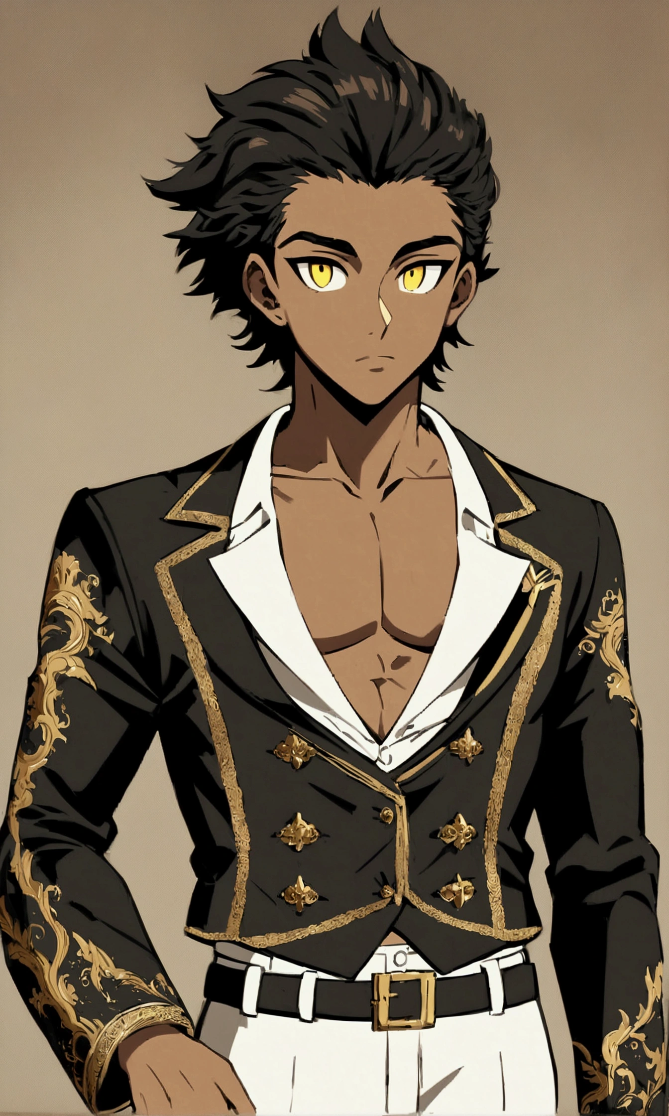 Dark-skinned young man, yellow eyes and black jacket, slickedback hair, not anime style, colourful drawing, unrealistic character concept, Portrait of my character concept, detailed portrait of the character, anime style character, anime style portrait, a character portrait, cel - shaded art style, His outfit consists of a black, unbuttoned blazer with gold buttons on the front of the blazer and at the bottom of the sleeves and he wears a white V-neck shirt, White pants, a large black belt with a gold buckle, a smaller black belt hanging from the side of the hip, and is wearing beige shoes with black buckles, inspirado por King of Fighte