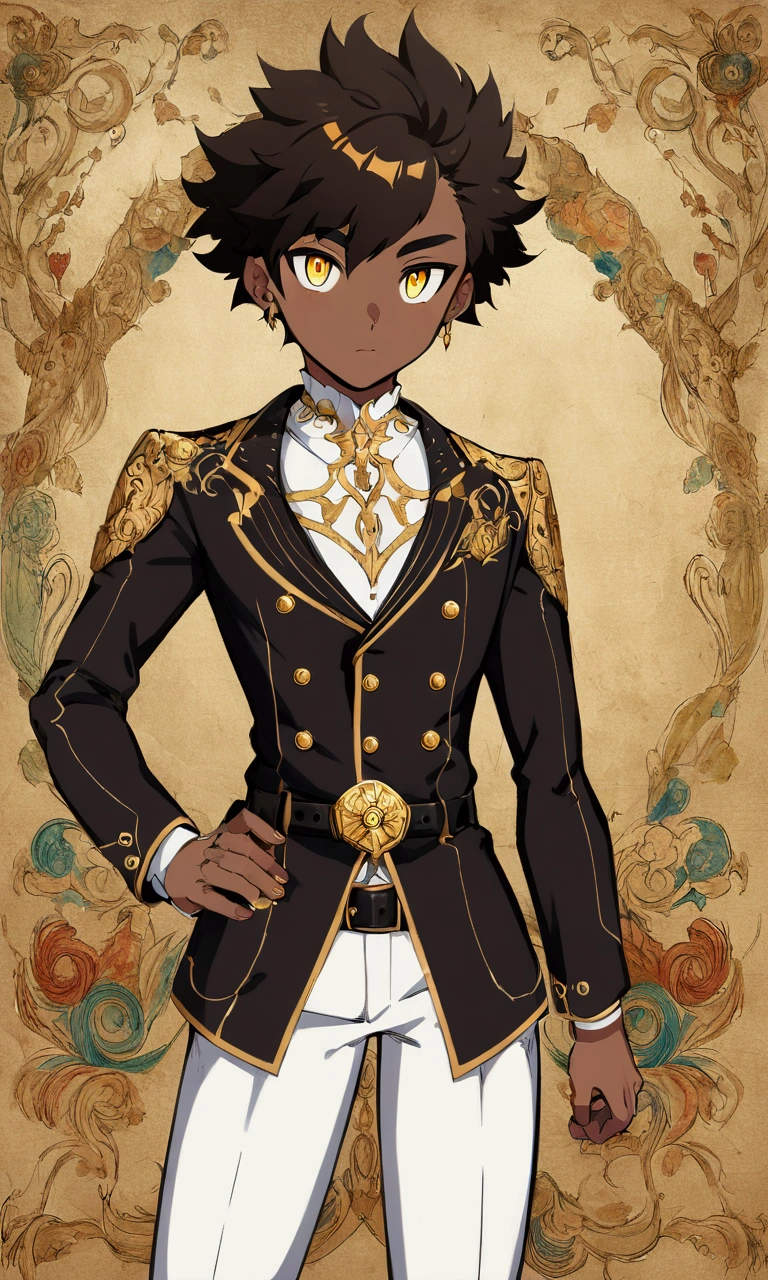 Dark-skinned young man, yellow eyes and black jacket, slickedback hair, not anime style, colourful drawing, unrealistic character concept, Portrait of my character concept, detailed portrait of the character, anime style character, anime style portrait, a character portrait, cel - shaded art style, His outfit consists of a black, unbuttoned blazer with gold buttons on the front of the blazer and at the bottom of the sleeves and he wears a white V-neck shirt, White pants, a large black belt with a gold buckle, a smaller black belt hanging from the side of the hip, and is wearing beige shoes with black buckles, inspirado por King of Fighte