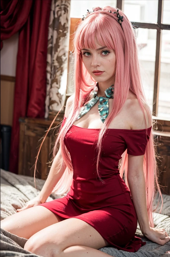 A adult girl wearing a shirt red dress looking sexy, green eyes, pink long hairs and two small red thrones in her head