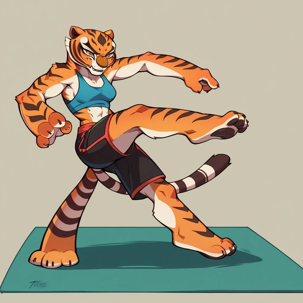 Kung Fu Panda, Master Tigress, Pose, Yoga, wearing black shorts,
