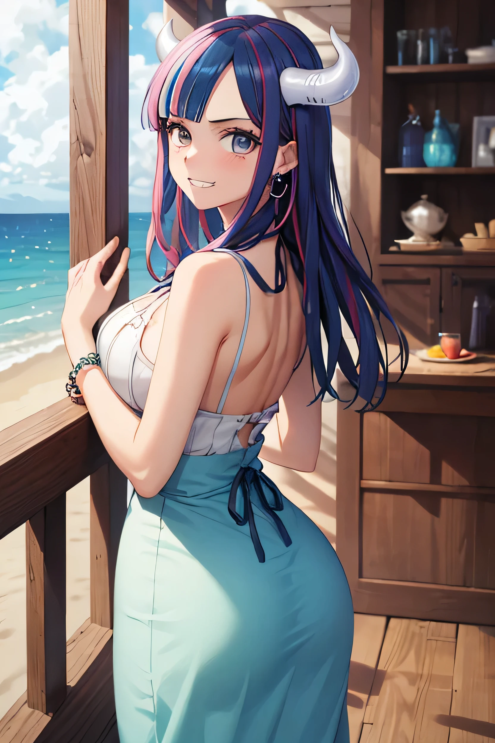 High resolution, RAW images, high quality,(masterpiece, 最high quality:1.4), Cinematic Light, colorful, High Contrast, (1 girl), Alti OP, One Piece Anime, ((Big Breasts)), Striped Hair, colorful hair, Long Hair, Blue Hair, Pink Hair, bangs, (Horn:1.1), Dynamic pose, blush, Embarrassing, Show Viewer, alone, score_9、score_8_up、score_7_up、score_6_up、Source Anime、1 girl、solo、Highly detailed eyes and face、Very fine particles、Perfect Face、Perfect Eyes、Cute Face、Sexy Girls、Enchanting、Beautiful Eyes、 body、Shiny skin、Wide Hips、 Breasts、Balcony along the coast、Beachfront Weathered Wood Furniture、Nautical themed decor、Refreshing linen curtains fluttering in the sea breeze、A collection of shells and driftwood lined up on a shelf、And the sound of the waves lulls me to sleep、Skin dents、Chest slippage、Smooth and straight cottage、Jade、bohemian chic summer outfits: Flowing maxi skirt、cropped bohemian blouse、Fringe sandals、Beaded Bracelet、Tassel Earrings、Round ass、Turn your back on the viewer、Reach out to your audience、Grin、Raise one eyebrow