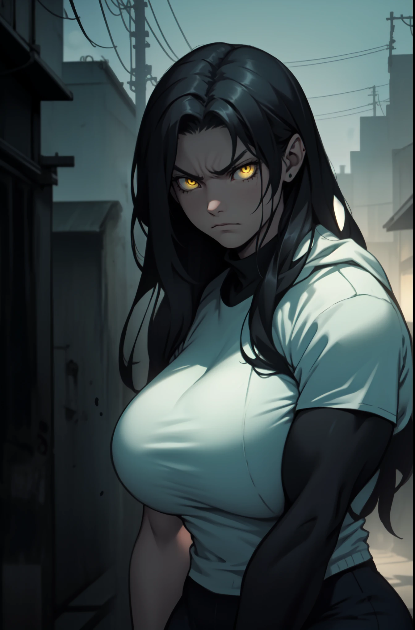 (1 girl huge muscular girl huge breasts huge muscles) yellow eyes large breasts pale skin skintight black hair sad dark atmosphere backlighting horror somber gloomy creepy creepy creepy dark sad expressionless torn clothes tattered clothes