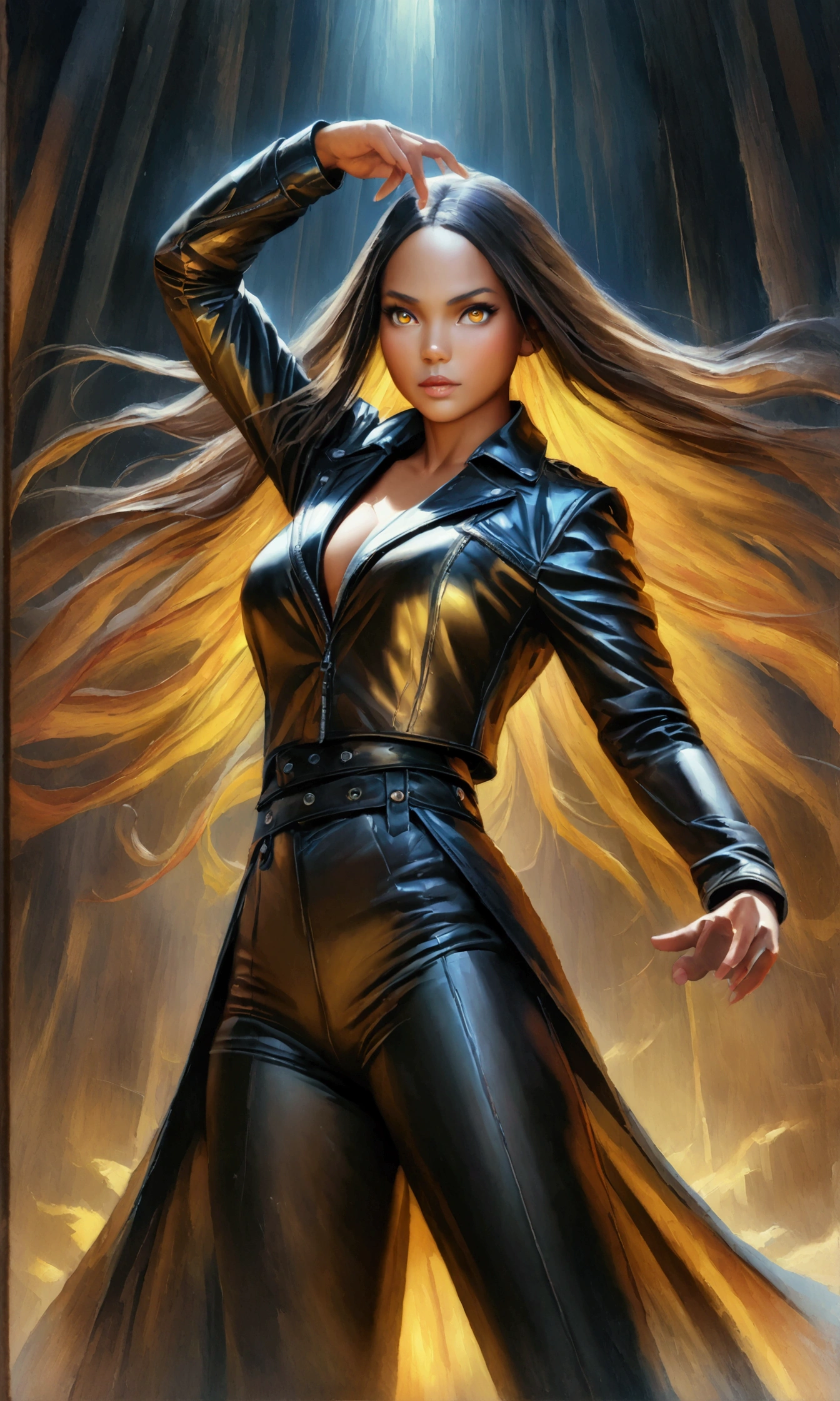 a beautiful detailed anime style girl with long dark skin, striking yellow eyes, a black leather jacket, long straight hair, colorful digital painting, photorealistic, 8k, high quality, vibrant colors, dramatic lighting, intricate details, dramatic pose