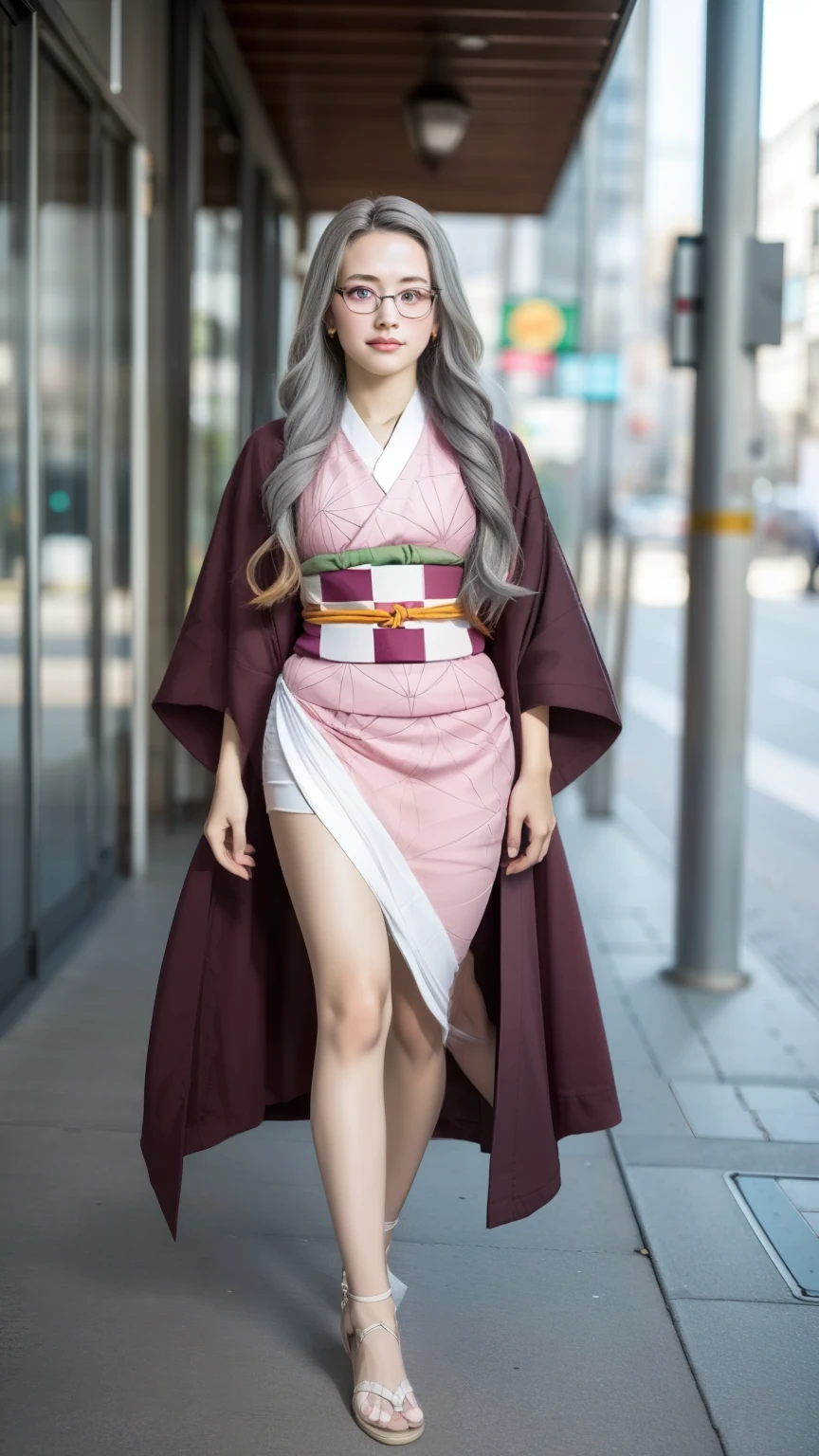 Cute Japanese woman, (), (very cute face), white moisturized skin, looking at the camera, melancholy expression, (glasses: 1.3),
BREAK,
Idol,
BREAK,
(wearing cute pink kimono: 1.3), (highly revealing kimono), very large earrings, short length,
BREAK,
(long hair), (gray hair: 1.4), (wavy hair), (gradient hair: 1.3), (maroon tips: 1.3),
BREAK,
(realistic: 1.3), masterpiece, perfect lighting, (ultra-high resolution), (8K), (highly detailed: 1.4), (from the front), (full body: 1.4), (symmetrical: 1.2), (one shot),
BREAK,
(Shibuya city in Japan: 1.2),
BREAK,
(Demon Slayer: 1.4),
BREAK,