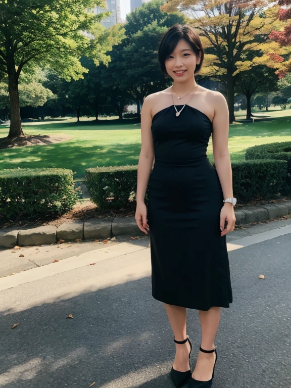 (RAW Photos:1.2), (Realistic:1.4),Beautiful detailed woman,非常にfine grainと顔, fine grain, Very detailed,High resolution, Very detailed,Highest quality,Raise your consciousness,Unified,8k wallpaper,masterpiece,Highest quality,1 female,alone,rich,Whole Body Ezbian,Toned figure,;Foot meat,Tight waist,alone,(Pink one-piece skirt,High heels),Jewelry Necklace Short Hair,A kind smile,A dignified atmosphere,black eye,Realistic,Central Park , (Morning Park:1.1)