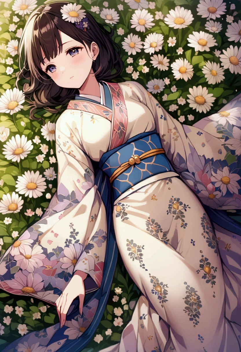 Lying in a flower field A girl wearing a beautifully patterned kimono Anime Style