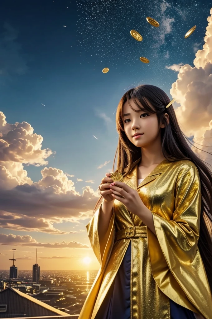 1280px × 720px youtube thumbnail with beautiful girl & raining gold coins from sky with anime model