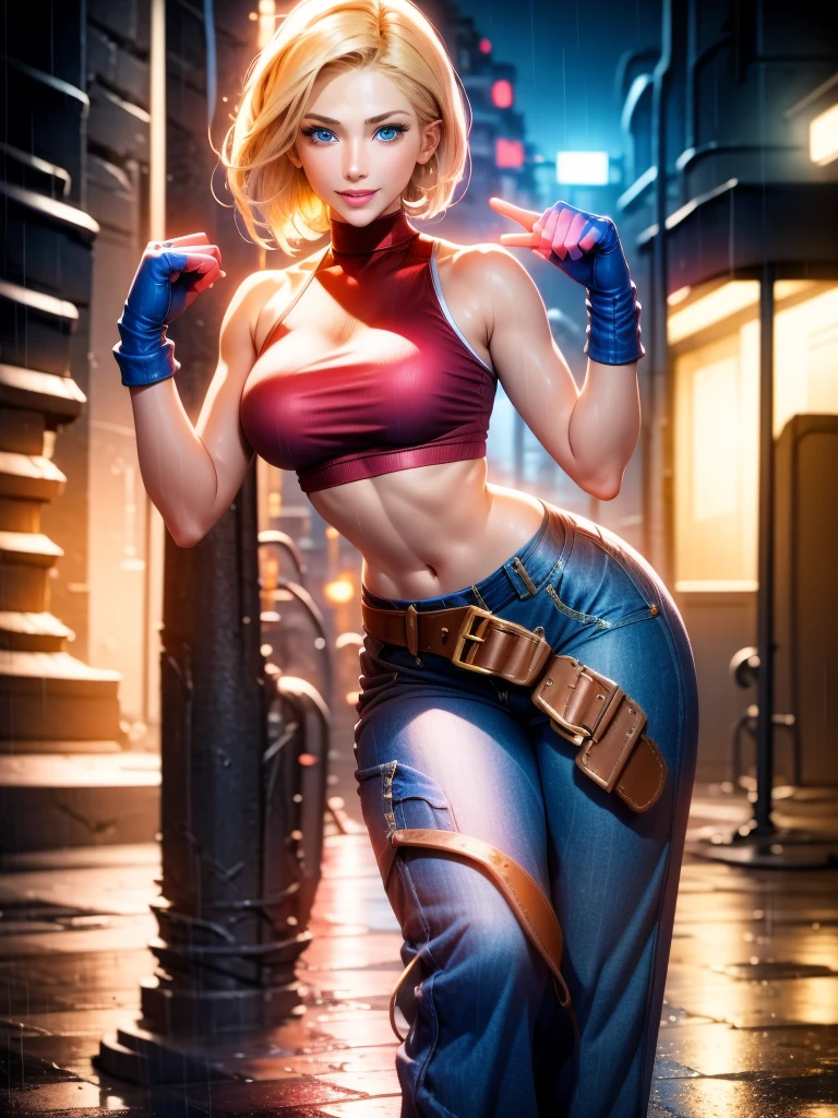(at night), in a video game scene, a background of a beautiful city at night, raining, alone, standing at attention, red top, blue joggers, blue fingerless gloves, large brown belt hanging from her waist (( blonde hair)), 1 girl, alone, 20 years old, young woman, perfect hands, beautiful fingers, beautiful long legs, beautiful body, beautiful nose, beautiful character design, perfect face, looking at viewer with serious gesture (focusing on his face), closed mouth, Light_Smile, official art, extremely detailed CG unity 8k wallpaper, perfect lighting, bright and colorful front lighting, glowing skin (masterpiece: 1.0), (best_quality: 1.0), ultra high resolution, 4K, ultra detailed photography, 8K, HDR, high resolution, absurd:1.2, Kodak portra 400, film grain, blurred background, bokeh:1.2, lens flare, (vibrant_color:1.2), professional photography, (Beautiful, breasts: 1.4), (beautiful_face: 1.5), (narrow waist),