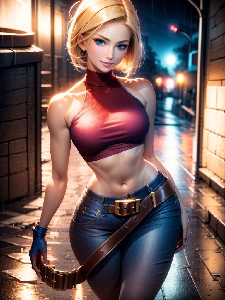 (at night), in a video game scene, a background of a beautiful city at night, raining, alone, standing at attention, red top, blue joggers, blue fingerless gloves, large brown belt hanging from her waist (( blonde hair)), 1 girl, alone, 20 years old, young woman, perfect hands, beautiful fingers, beautiful long legs, beautiful body, beautiful nose, beautiful character design, perfect face, looking at viewer with serious gesture (focusing on his face), closed mouth, Light_Smile, official art, extremely detailed CG unity 8k wallpaper, perfect lighting, bright and colorful front lighting, glowing skin (masterpiece: 1.0), (best_quality: 1.0), ultra high resolution, 4K, ultra detailed photography, 8K, HDR, high resolution, absurd:1.2, Kodak portra 400, film grain, blurred background, bokeh:1.2, lens flare, (vibrant_color:1.2), professional photography, (Beautiful, breasts: 1.4), (beautiful_face: 1.5), (narrow waist),