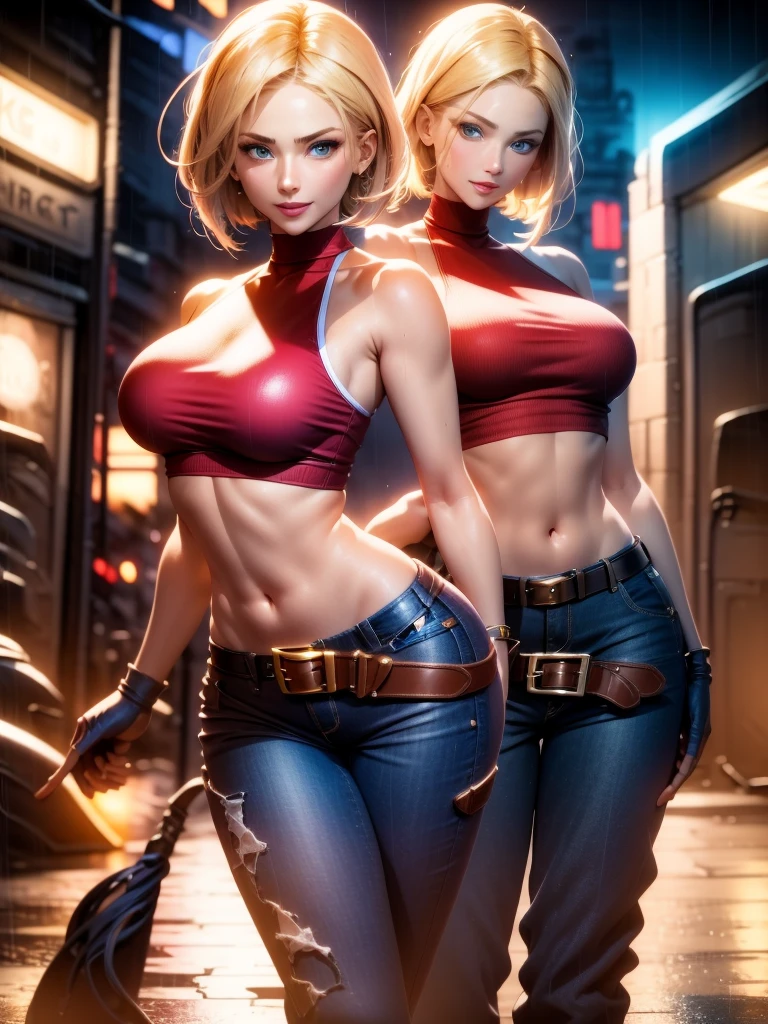 (at night), in a video game scene, a background of a beautiful city at night, raining, alone, standing at attention, red top, blue joggers, blue fingerless gloves, large brown belt hanging from her waist (( blonde hair)), 1 girl, alone, 20 years old, young woman, perfect hands, beautiful fingers, beautiful long legs, beautiful body, beautiful nose, beautiful character design, perfect face, looking at viewer with serious gesture (focusing on his face), closed mouth, Light_Smile, official art, extremely detailed CG unity 8k wallpaper, perfect lighting, bright and colorful front lighting, glowing skin (masterpiece: 1.0), (best_quality: 1.0), ultra high resolution, 4K, ultra detailed photography, 8K, HDR, high resolution, absurd:1.2, Kodak portra 400, film grain, blurred background, bokeh:1.2, lens flare, (vibrant_color:1.2), professional photography, (Beautiful, breasts: 1.4), (beautiful_face: 1.5), (narrow waist),

