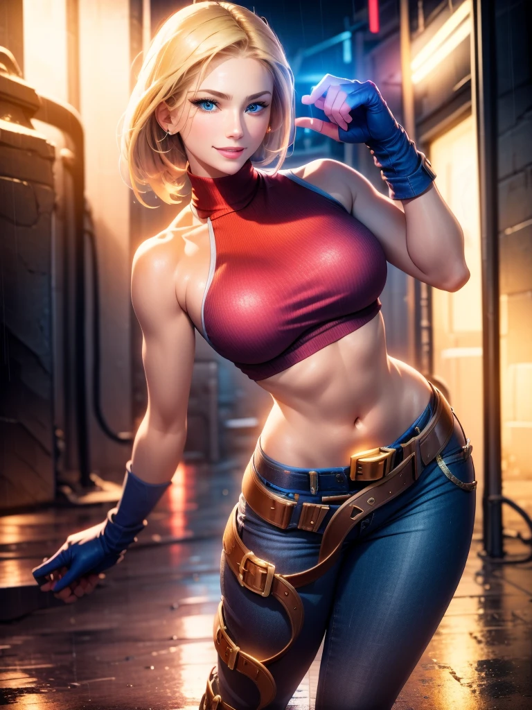 (at night), in a video game scene, a background of a beautiful city at night, raining, alone, standing at attention, red top, blue joggers, blue fingerless gloves, large brown belt hanging from her waist (( blonde hair)), 1 girl, alone, 20 years old, young woman, perfect hands, beautiful fingers, beautiful long legs, beautiful body, beautiful nose, beautiful character design, perfect face, looking at viewer with serious gesture (focusing on his face), closed mouth, Light_Smile, official art, extremely detailed CG unity 8k wallpaper, perfect lighting, bright and colorful front lighting, glowing skin (masterpiece: 1.0), (best_quality: 1.0), ultra high resolution, 4K, ultra detailed photography, 8K, HDR, high resolution, absurd:1.2, Kodak portra 400, film grain, blurred background, bokeh:1.2, lens flare, (vibrant_color:1.2), professional photography, (Beautiful, breasts: 1.4), (beautiful_face: 1.5), (narrow waist),