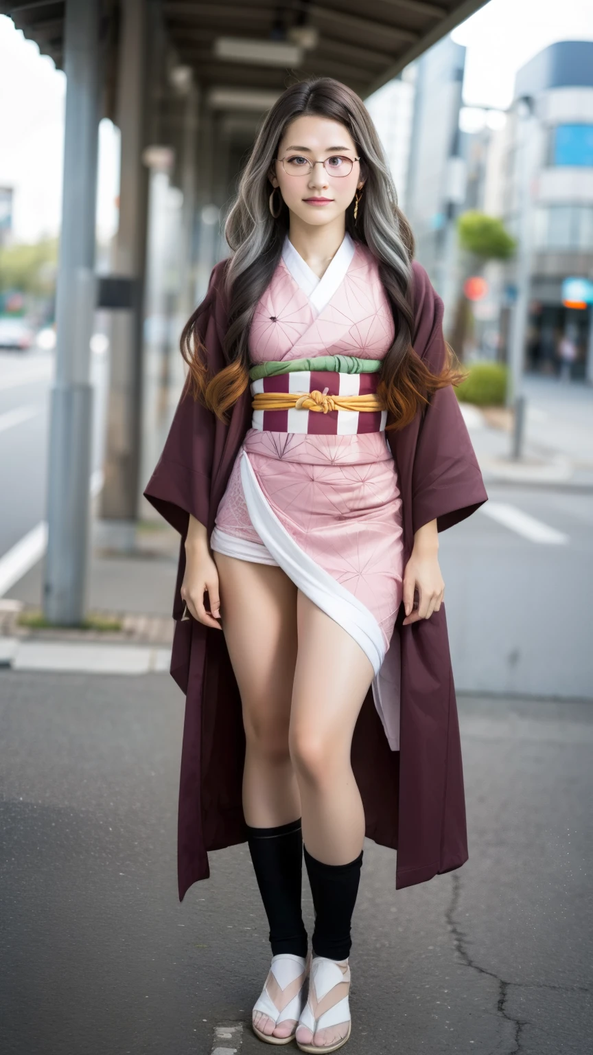 Cute Japanese woman, (16 years old), (very cute face), white moisturized skin, looking at the camera, melancholy expression, (glasses: 1.3),
BREAK,
Idol,
BREAK,
(wearing cute pink kimono: 1.3), (highly revealing kimono), very large earrings, short length,
BREAK,
(long hair), (gray hair: 1.4), (wavy hair), (gradient hair: 1.3), (maroon tips: 1.3),
BREAK,
(realistic: 1.3), masterpiece, perfect lighting, (ultra-high resolution), (8K), (highly detailed: 1.4), (from the front), (full body: 1.4), (symmetrical: 1.2), (one shot),
BREAK,
(Shibuya city in Japan: 1.2),
BREAK,
(Demon Slayer: 1.4),
BREAK,