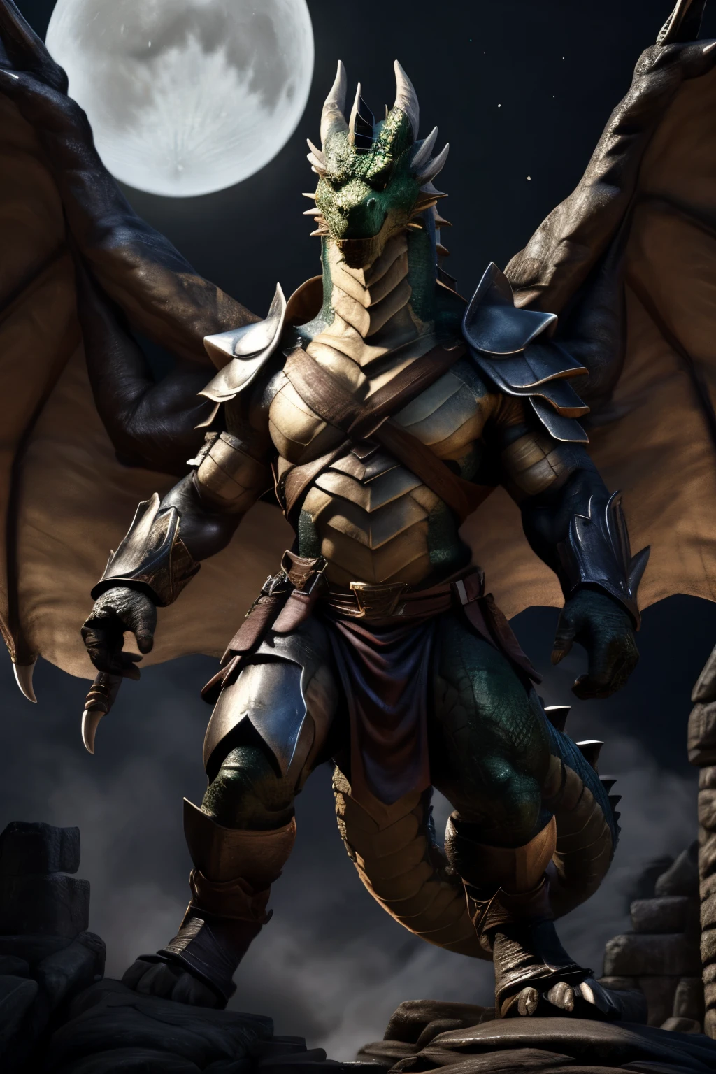 (By ArtisticDragon, best quality, masterpiece, perfect anatomy, detailed picture) Full body, muscular drake, RPG character, Medieval style, black and gold armor, deep green scales, fierce gaze, impressive wings spread wide, chest emblem of a dragon claw, badass posture, holding a majestic two-handed sword, dramatic lighting, realistic details, trending on ArtStation, Intricate, High Detail, dramatic, realism, realistic, standing tall, Medievale backdrop, stone castle, moonlit night.