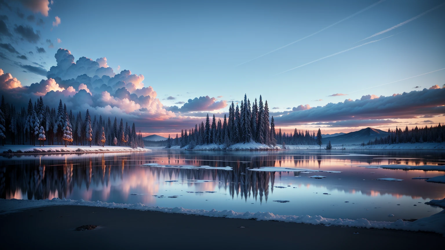 Like the same color. best quality. 8K Ultra HD. There are clouds in the sky,Snow on the ground