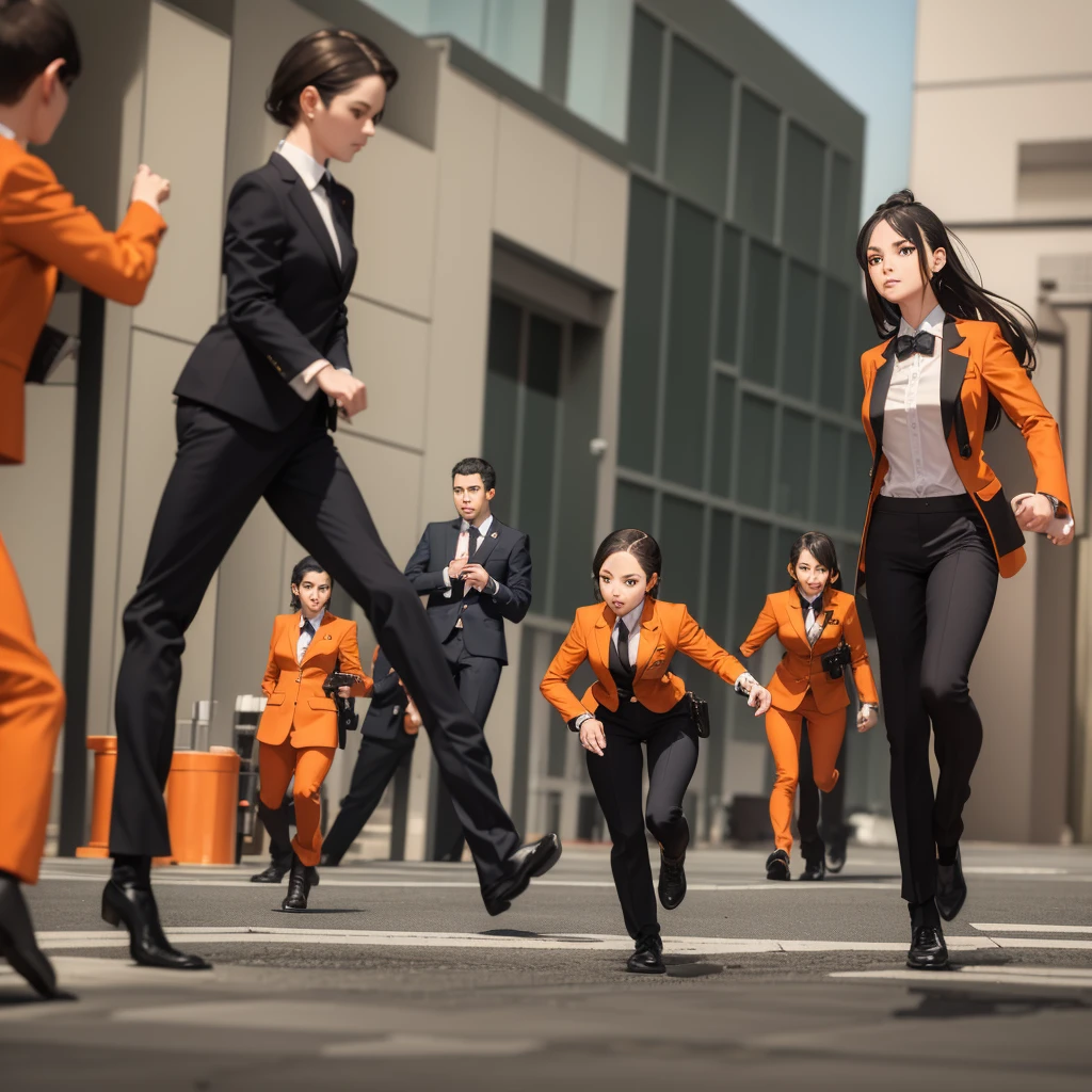 Woman wearing formal attire, orange jacket and pants, white shirt, black necktie, sprinting, being chased, persecution, building, corridor, stalkers shooting, gunfire