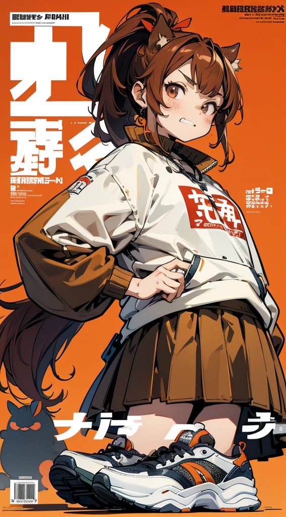 A character based on a chestnut boar, サイバーパンク, Wearing big sneakers, Magazine Cover, Simple Background, crouch start, Boar ears, long hair, ponytail, crazy, tsurime, crazy eyes, clenched teeth, projected inset, UHD, best quality, highres, 8k