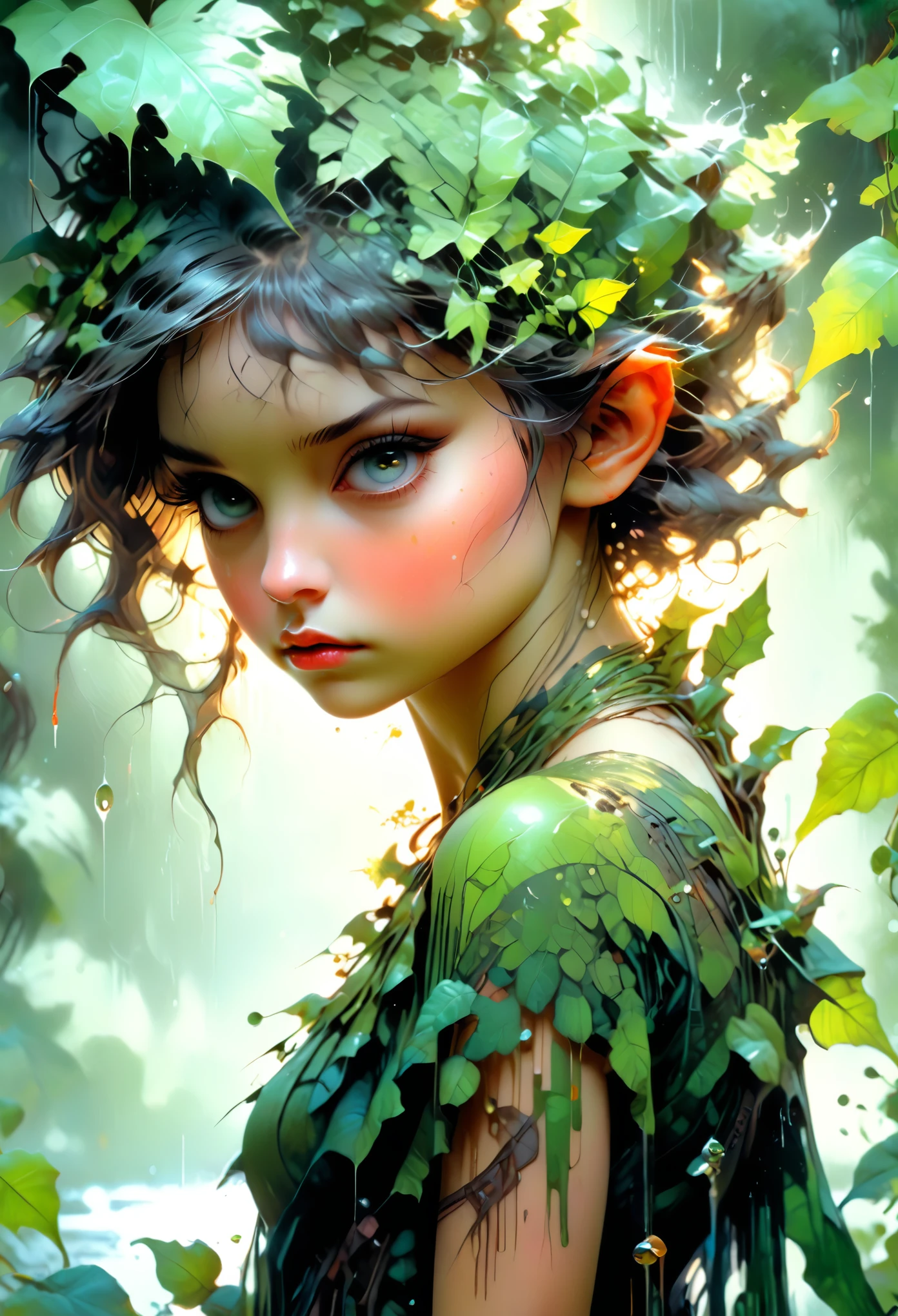a pixie girl on a leaf in the rain the forest and the world of adventure, photo realism, 8k resolution, garden, trending on artstation, 4k, intricate details, highly detailed, pencil drawing, sketching, unreal engine, greg rutkowski, loish, rhads, beeple, makoto shinkai and lois van baarle, ilya kuvshinov, rossdraws, tom bagshaw, alphonse mucha, oil painting, heavy strokes, paint dripping, oil painting, heavy strokes, paint dripping