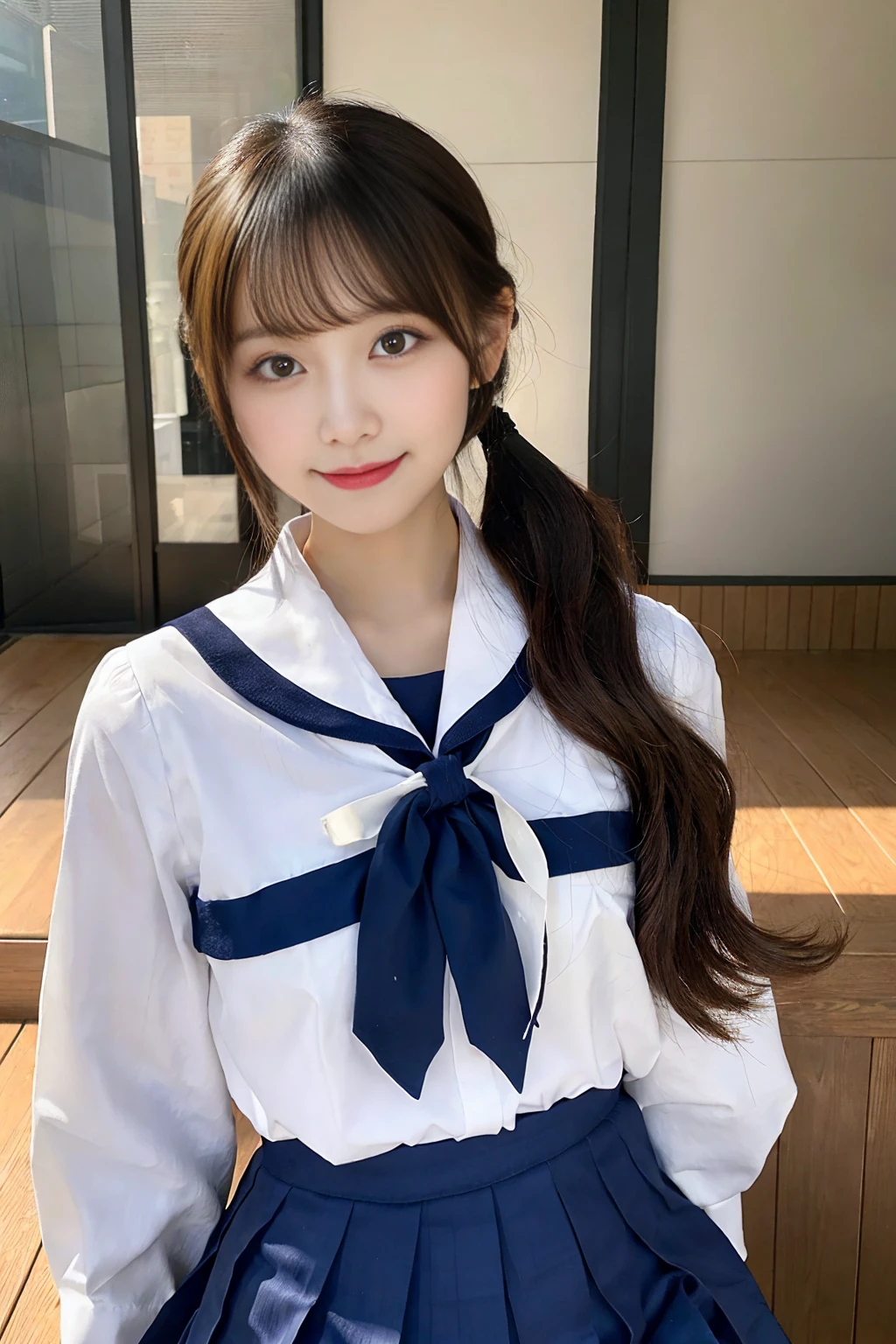 Create an image of a cute Japanese woman with a seductive smile wearing a traditional school uniform。She is wearing a traditional Japanese school uniform consisting of a sailor top and pleated skirt.、like々It emphasizes the beauty and charm of。The hair is neatly styled、Should I wear a side ponytail?、It is lowered with a natural shine.。The background is a softly blurred classroom、The warm lighting really brings out her features.。The makeup is subtle but perfect、Particular emphasis is placed on the eyes and lips to bring out her charm.。Confident、She has a slightly playful look on her face.、It exudes charm and vibrancy。It fits her body perfectly、While still maintaining a classic and attractive schoolgirl look.、Make sure it complements her style。