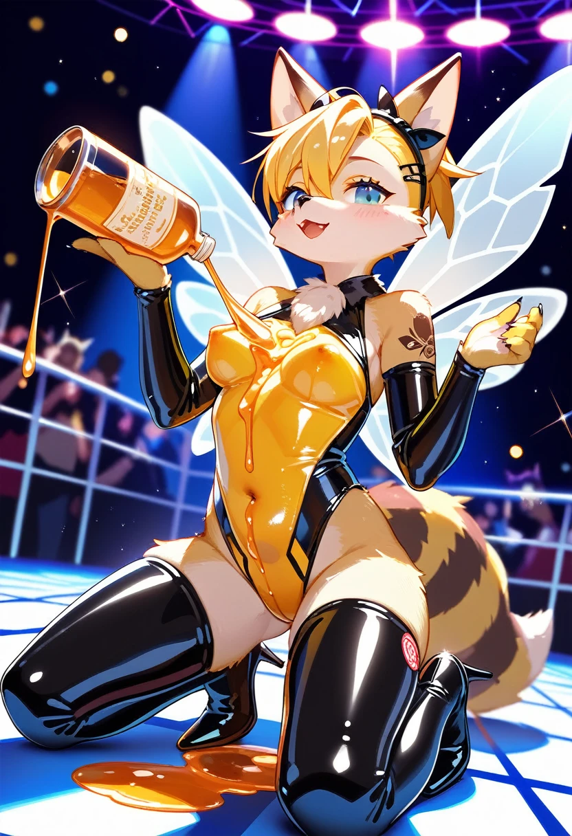 Highest quality, Highest quality, High quality illustrations, masterpiece, Ultra-high resolution, Detailed Background, club, Disco, Absurd, Perfect Anatomy, performance, Good lighting, Shadows in the movies(kemono, Furry Personifi猫ion), fox, Rubber Suit, Honey Latex, Honey lotion, neon, neonカラー, cyber punk, Bee costume, Bee Cosplay, Rubber bee tail, Bee Wings, enamel, Honey Pool, Honey lotionを浴びている, Covered in honey slime, Kneeling, Tattoo, High heels, Dynamic Angle