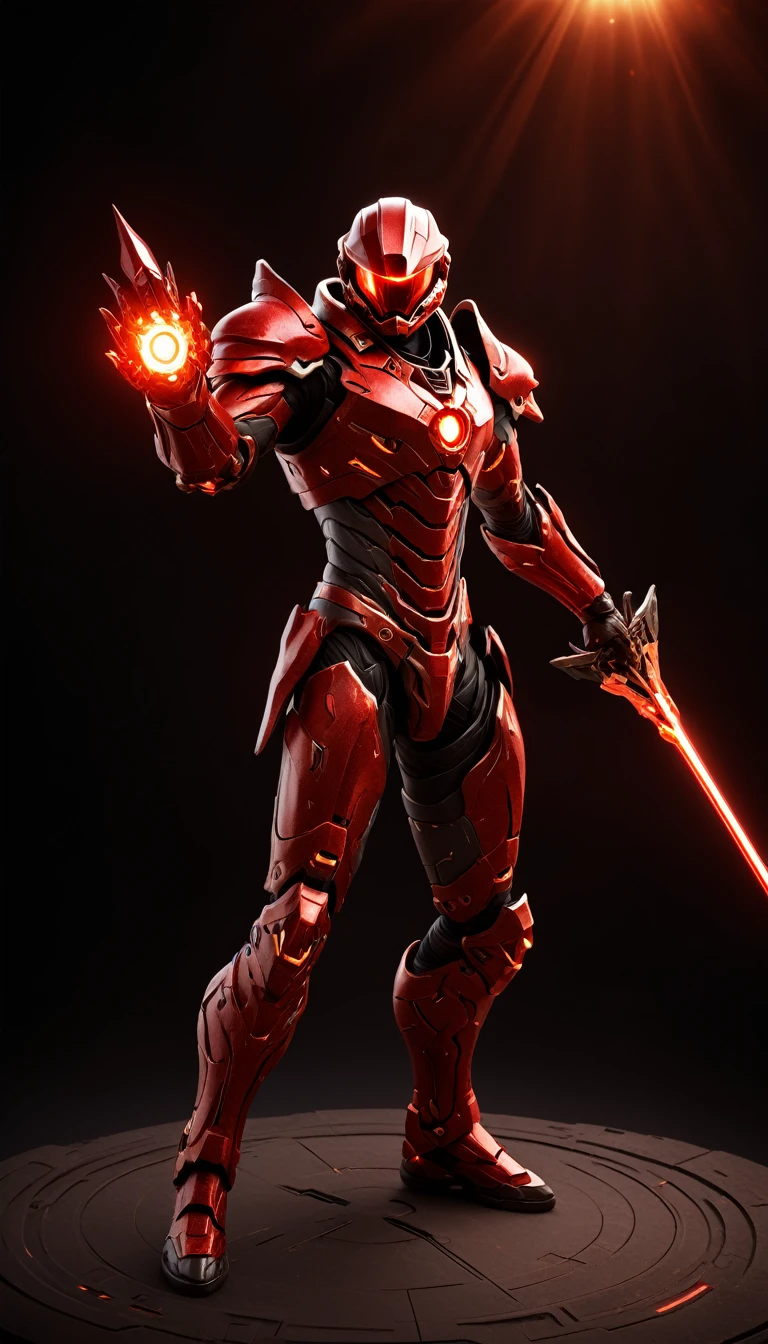 Masterpieces, male, Holy Silver Knight, Action style shot, (Battle Priest in a warframe and halo style armor wielding a spear pointed on both ends imbued with radiant red light, emanating potent red light magic.), (red and silver color scheme), (cross on chest), (white cape and hood), (action shot: holding spear), white and red tabard (solid gold color background), (red magic effects), centered, full body shot fighting, sci-fi knight, Halo master chief, vibrant colors, visible figure joints, cinematic shot, volumetric lighting, intricate pattern detail, highly detailed