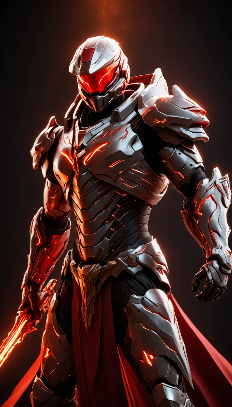 Masterpieces, male, Holy Silver Knight, Action style shot, (Battle Priest in a warframe and halo style armor wielding a spear pointed on both ends imbued with radiant red light, emanating potent red light magic.), (red and silver color scheme), (cross on chest), (white cape and hood), (action shot: holding spear), white and red tabard (solid gold color background), (red magic effects), centered, full body shot fighting, sci-fi knight, Halo master chief, vibrant colors, visible figure joints, cinematic shot, volumetric lighting, intricate pattern detail, highly detailed