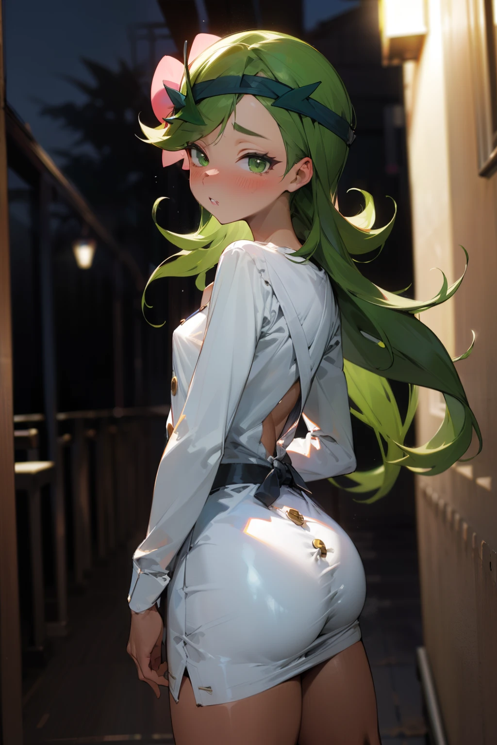 (Masterpiece), Best Quality, ultra-detailed, 1girl (zodiac_mallow, lovely small breasts, dark skin, naked body, green hair, long wave hair, headband, pink flower in hair, green eyes, half-closed eyes, ), a come-hither face, parted lips, head tilt, nose blush, blush, solo,dark skin, white y-shirts(long sleeve, buttons), big y-shirts, naked y-shirts, dark skin, corridor, night time, , standing, Sexy waist teasing, back, behind, Shows ass , back-view 