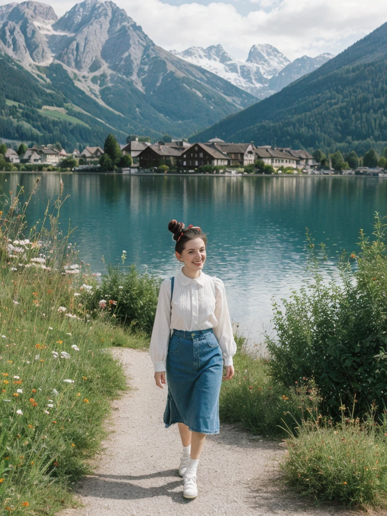 her name is Amelie, high quality, 1girl, ((25-year-old fit Caucasian woman)), ((25 years old)), ((BODY TYPE: HOURGLASS)), ((Space Buns HAIR)), SMILING, pose: STANDING, wearing IN DEMAND FANCY Generation-Z modern wear VARIETY colored, BACKGROUND: "Strolling through the idyllic lakeside village with its picturesque alpine backdrop and charming historic houses."