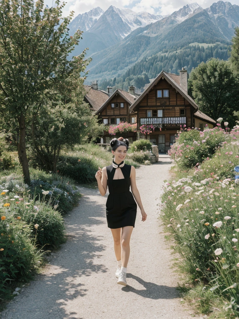 her name is Amelie, high quality, 1girl, ((25-year-old fit Caucasian woman)), ((25 years old)), ((BODY TYPE: HOURGLASS)), ((Space Buns HAIR)), SMILING, pose: STANDING, wearing IN DEMAND FANCY Generation-Z modern wear VARIETY colored, BACKGROUND: "Strolling through the idyllic lakeside village with its picturesque alpine backdrop and charming historic houses."